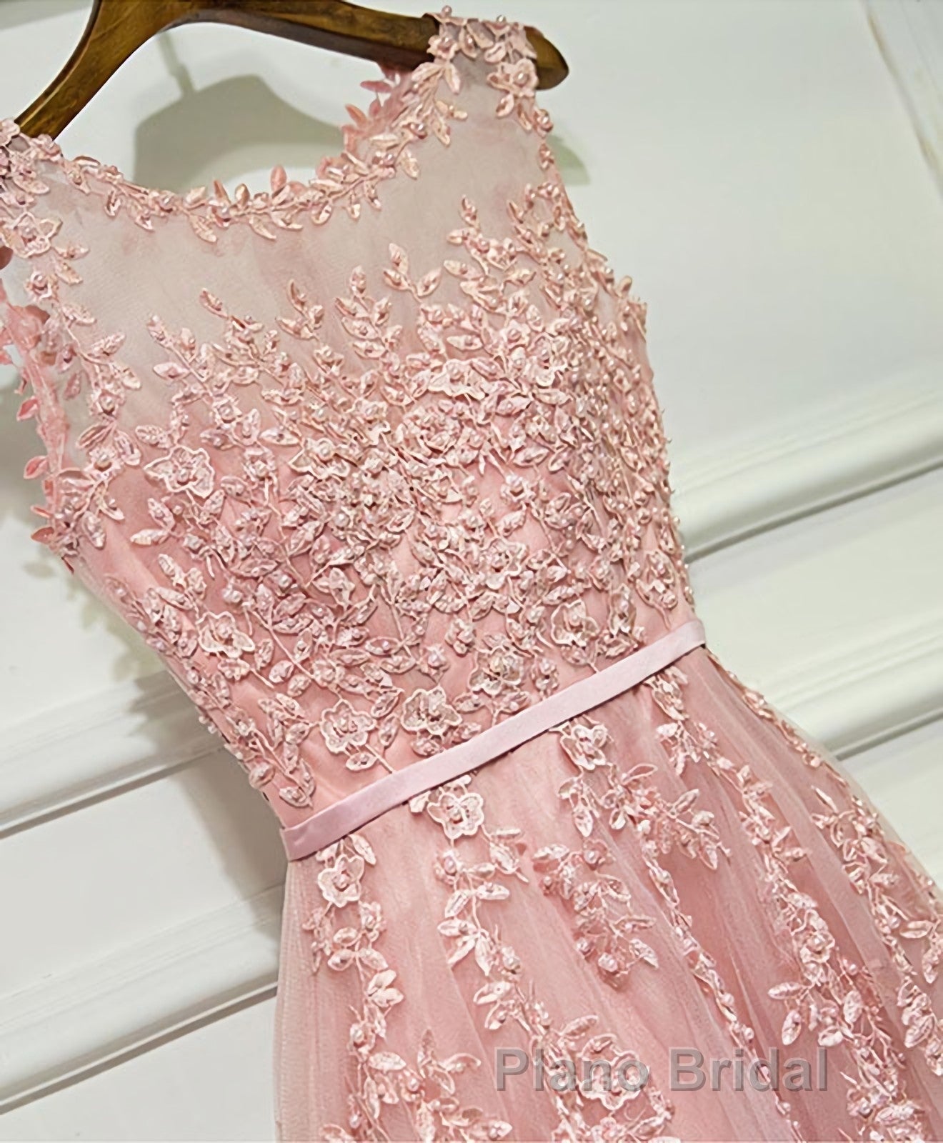 Pink Lace Tulle Long A Line Formal Prom Dresses, Pink Evening Dresses, 1 Secondary image