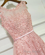 Pink Lace Tulle Long A Line Formal Prom Dresses, Pink Evening Dresses, 1
