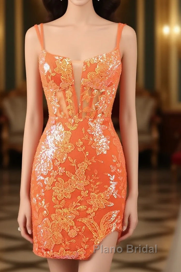 Orange Double Spaghetti Straps Glitter SequinTight Homecoming Dresses Main image