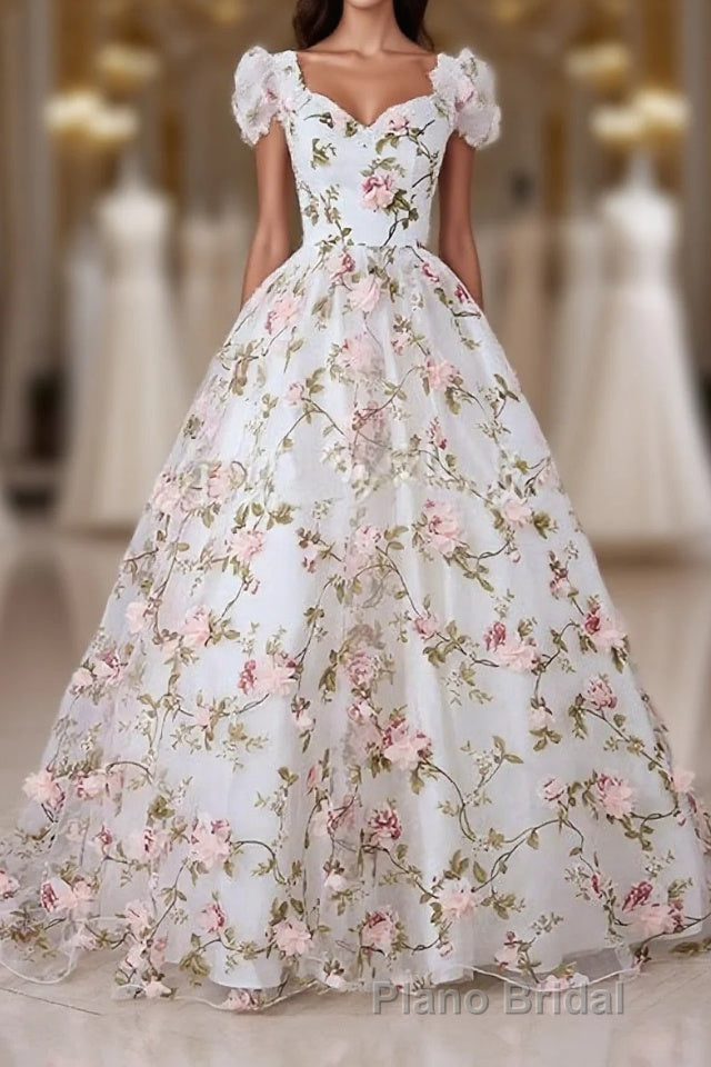 White V Neck 3D Flowers Long Formal Prom Dresses, White Evening Dresses Main image