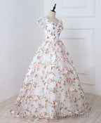 White V Neck 3D Flowers Long Formal Prom Dresses, White Evening Dresses