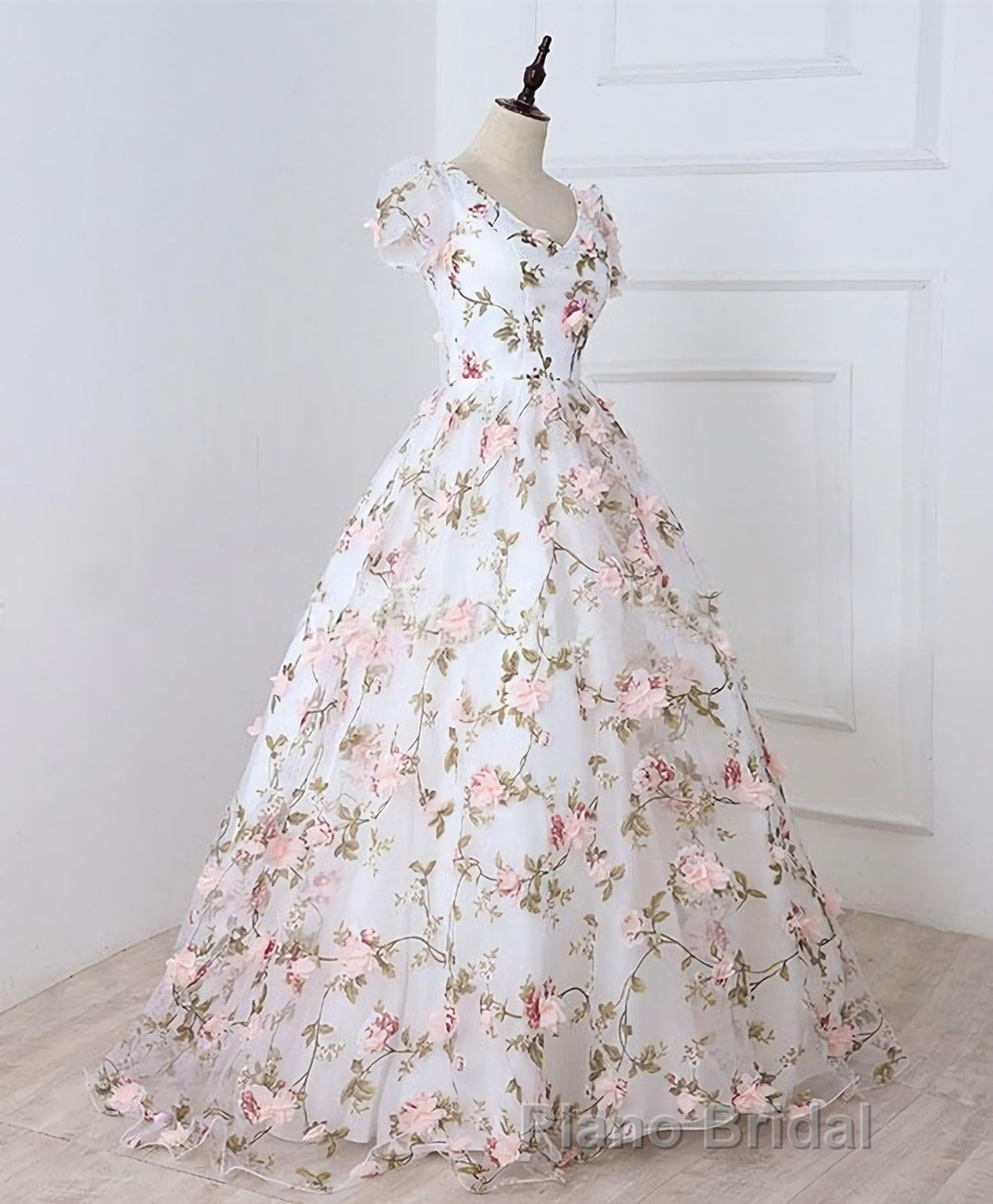 White V Neck 3D Flowers Long Formal Prom Dresses, White Evening Dresses