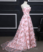Pink Tulle 3D Flowers Long Formal Prom Dresses, Pink Evening Dresses