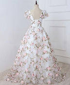 White V Neck 3D Flowers Long Formal Prom Dresses, White Evening Dresses