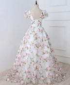 White V Neck 3D Flowers Long Formal Prom Dresses, White Evening Dresses