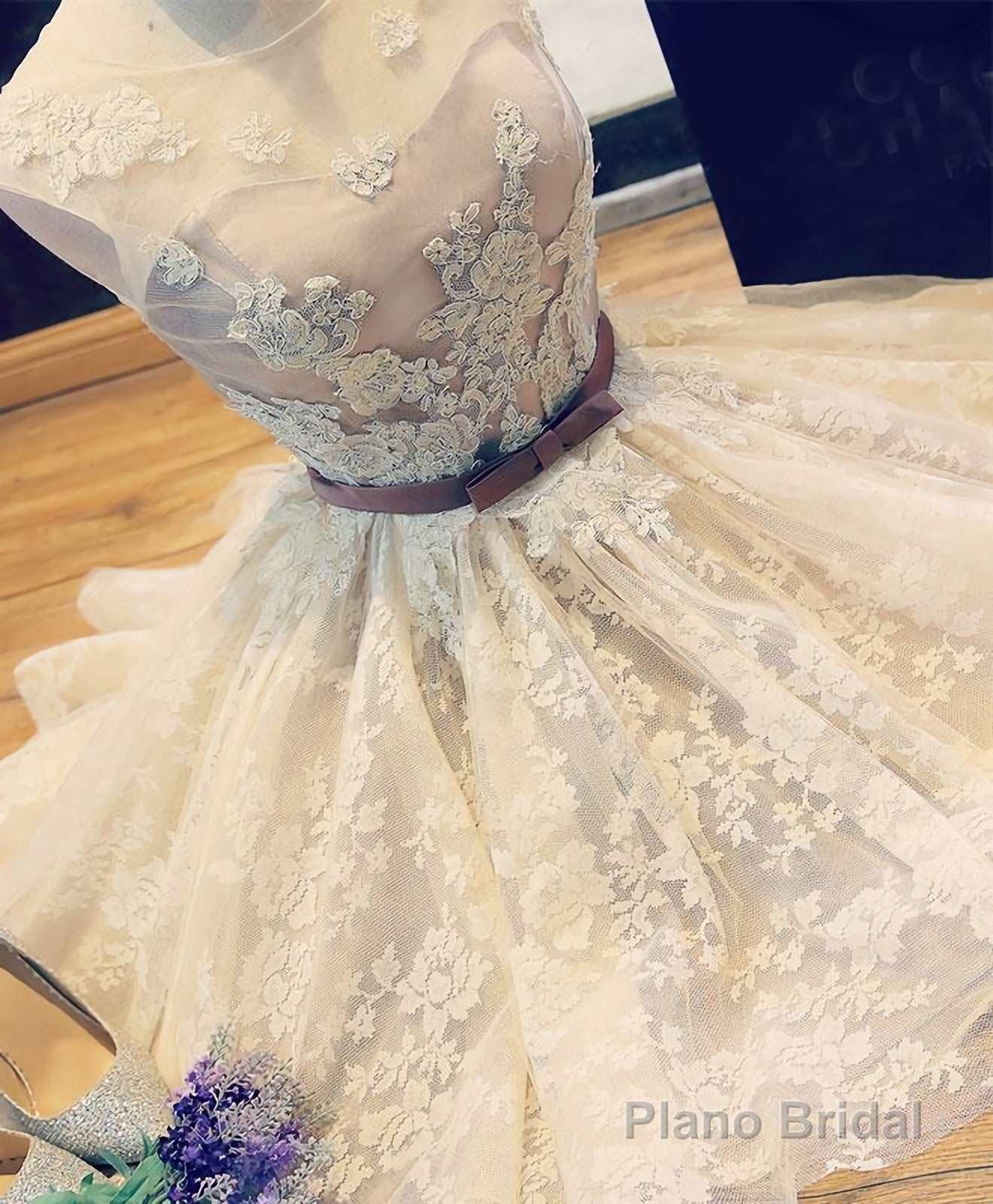 Cute Champagne Lace Short Prom Dress, Cheap Evening Dress Main image
