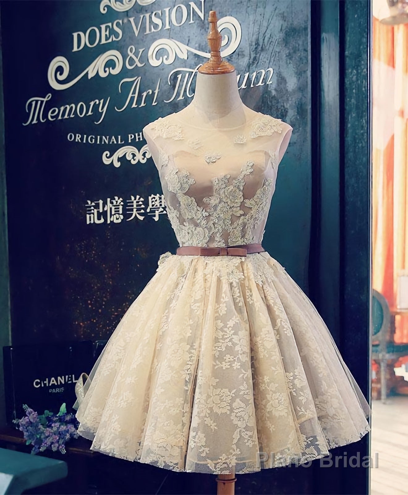 Cute Champagne Lace Short Prom Dress, Cheap Evening Dress Secondary image