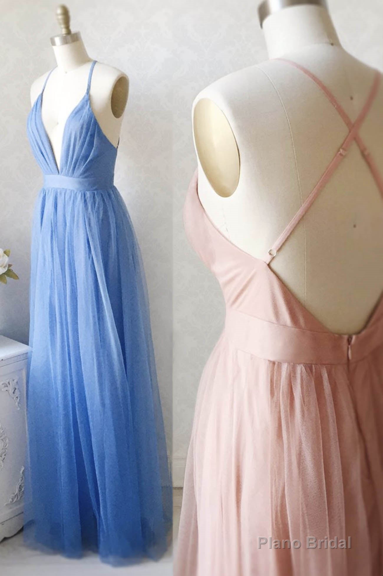 A-Line Tulle Long Prom Dresses, Simple V-Neck Party Dresses Main image