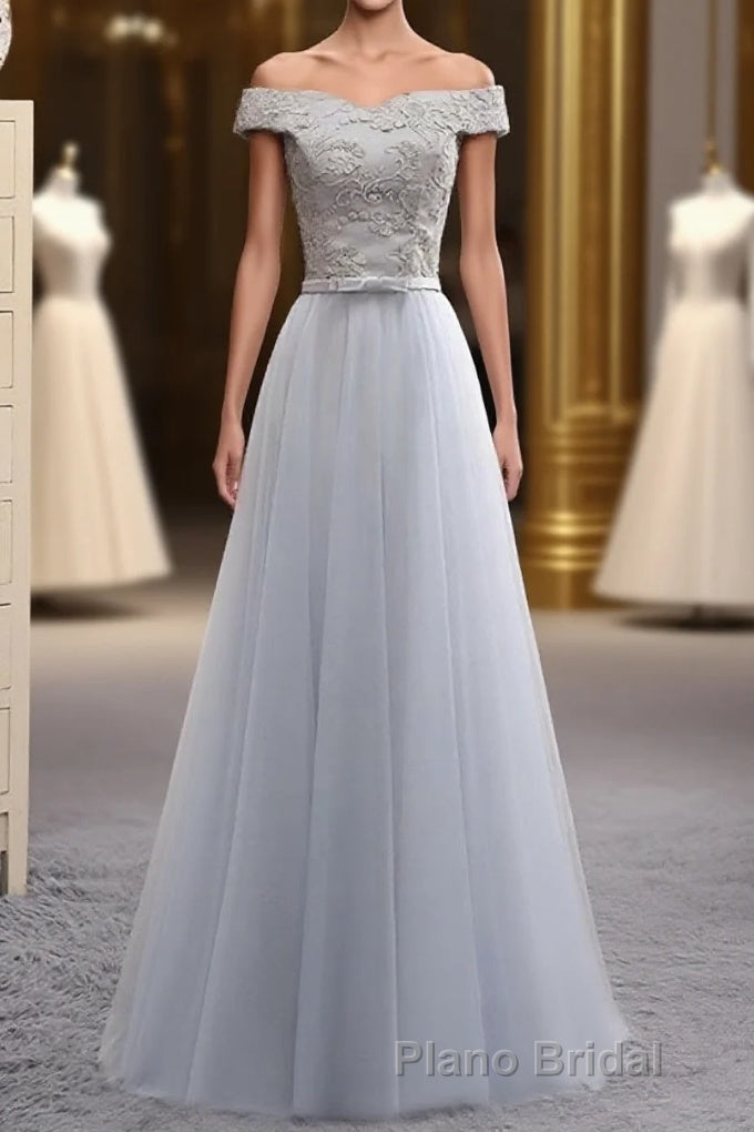 A Line Lace Tulle Off Shoulder Long Formal Prom Dresses, Evening Dresses Main image