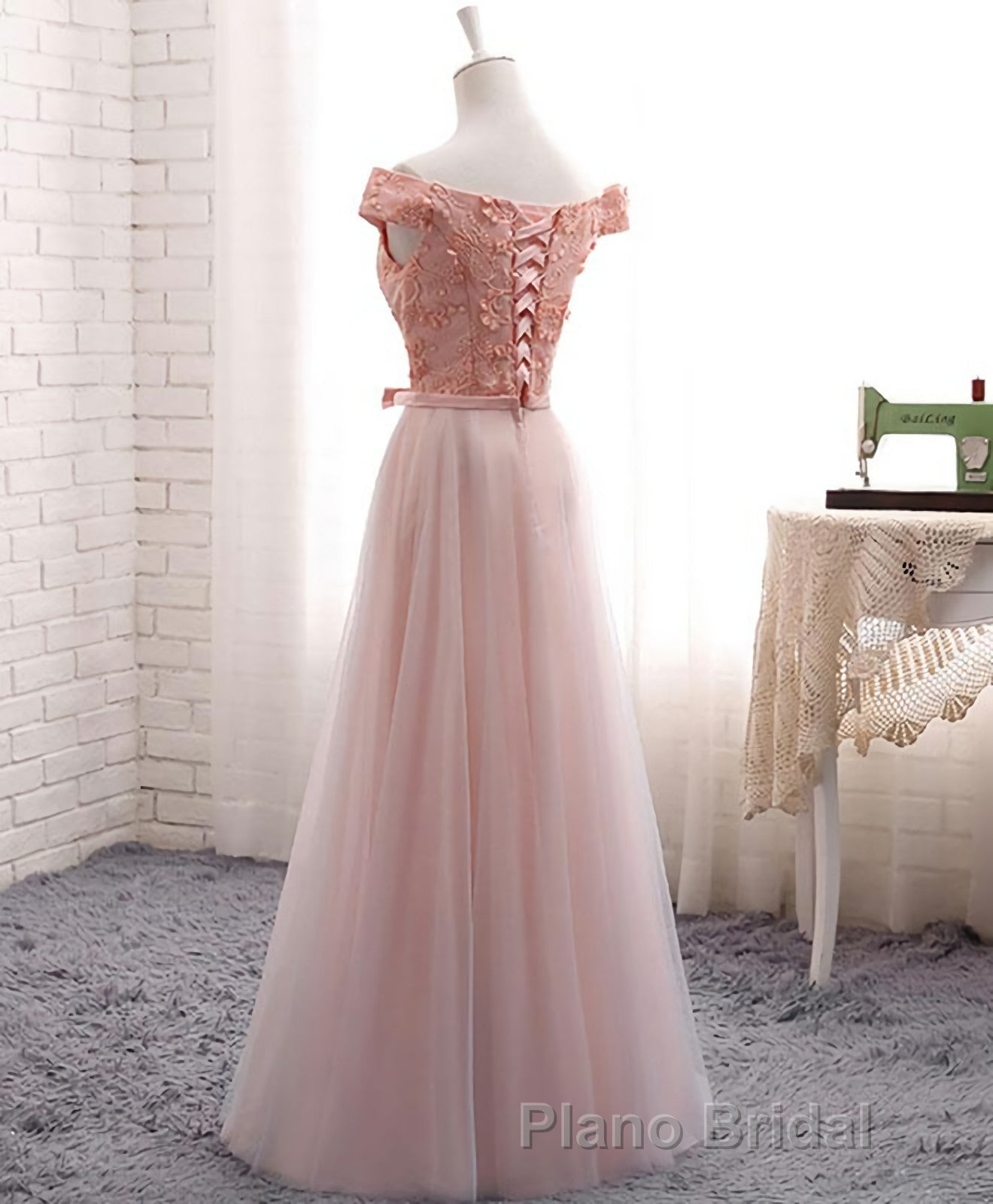 A Line Lace Tulle Off Shoulder Long Formal Prom Dresses, Evening Dresses