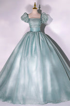 Green Tulle Floor Length Prom Dress, Lovely Short Sleeve Formal Evening Gown