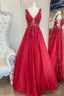 Red V-Neck Tulle Lace Long Prom Dresses, A-Line Red Evening Party Dresses