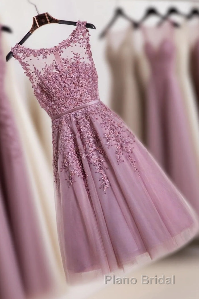 Cute Pink Lace Tulle Short Formal Prom Dresses, Pink Evening Dresses Main image