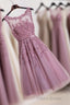 Cute Pink Lace Tulle Short Formal Prom Dresses, Pink Evening Dresses