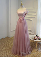Pink A Line Off Shoulder Floor Length Formal Prom Dresses, Lace Evening Dresses
