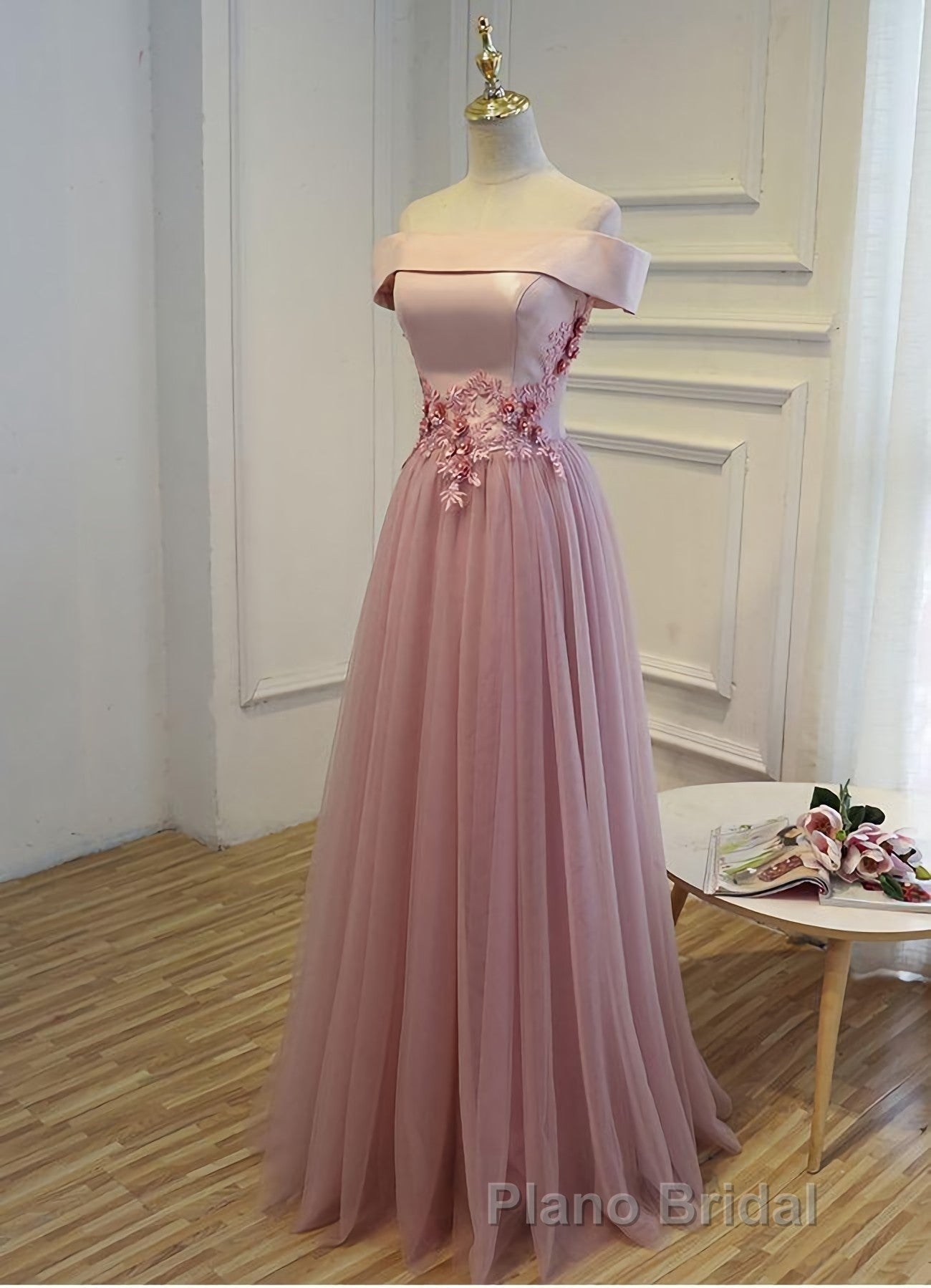 Pink A Line Off Shoulder Floor Length Formal Prom Dresses, Lace Evening Dresses