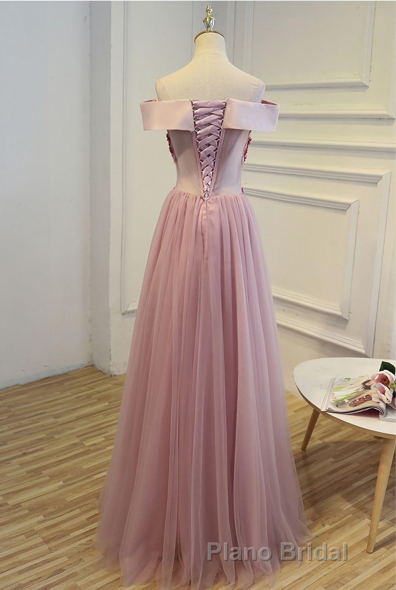 Pink A Line Off Shoulder Floor Length Formal Prom Dresses, Lace Evening Dresses