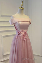 Pink A Line Off Shoulder Floor Length Formal Prom Dresses, Lace Evening Dresses