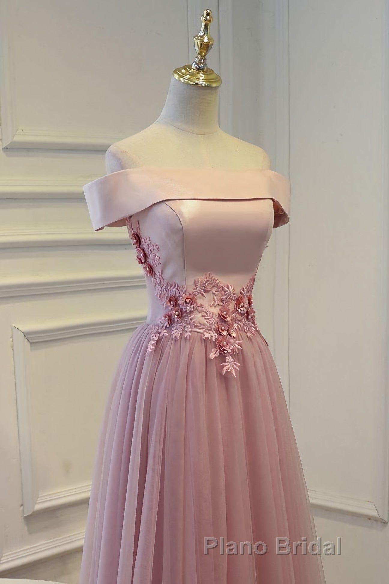 Pink A Line Off Shoulder Floor Length Formal Prom Dresses, Lace Evening Dresses