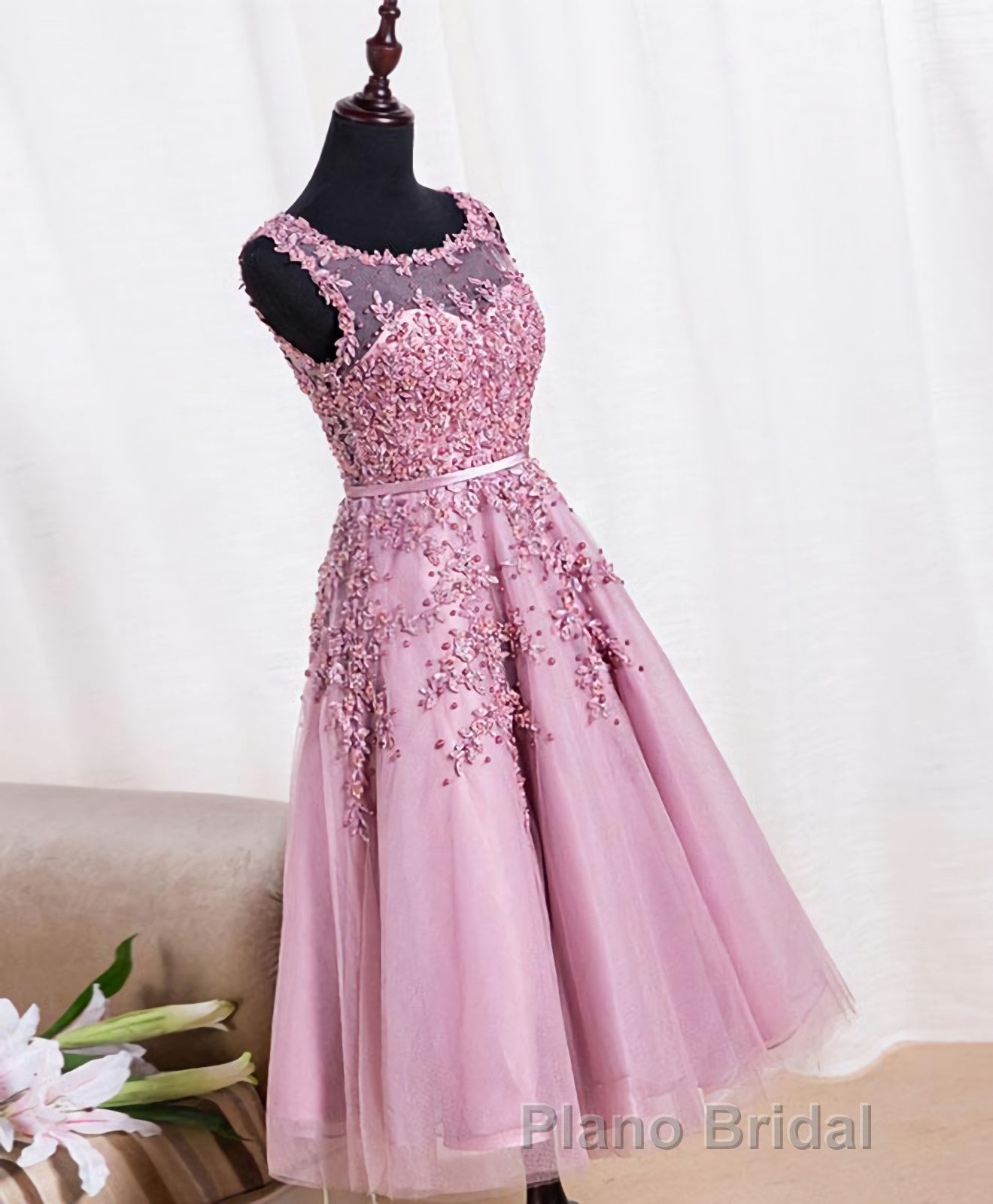 Cute Pink Lace Tulle Short Formal Prom Dresses, Pink Evening Dresses