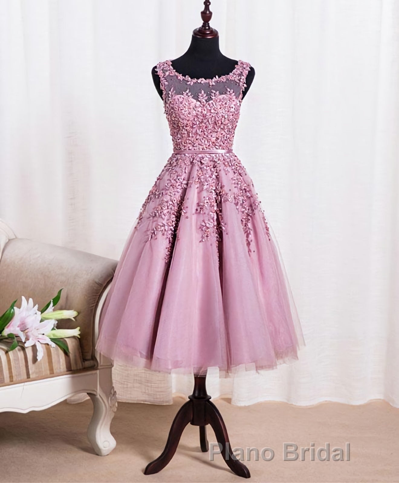 Cute Pink Lace Tulle Short Formal Prom Dresses, Pink Evening Dresses
