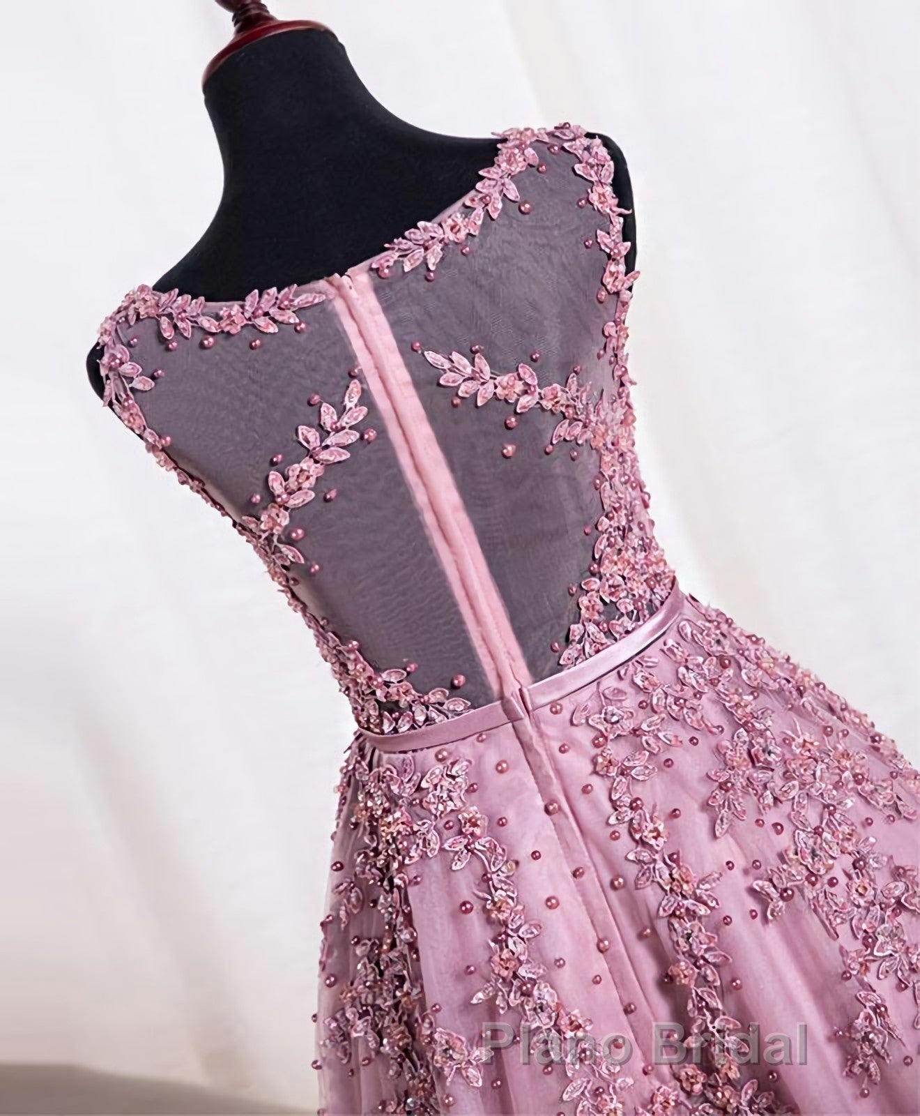 Cute Pink Lace Tulle Short Formal Prom Dresses, Pink Evening Dresses