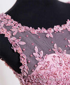 Cute Pink Lace Tulle Short Formal Prom Dresses, Pink Evening Dresses