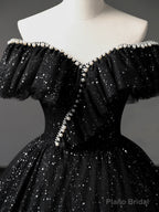 Black Tulle Long A-Line Prom Dress, Shiny Off Shoulder Evening Dress