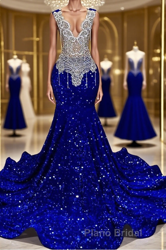 Royal Blue Sleeveless Mermaid Formal Prom Dress with Beadings and Sequins