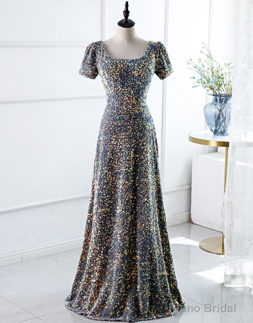 A-Line Square Long Evening Dress with Sequins Main image