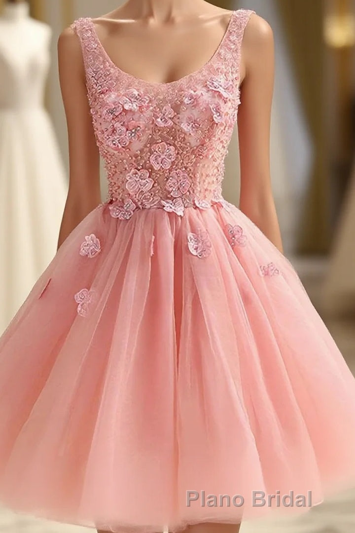 Cute A Line Pink Tulle Pearl Short Formal Prom Dresses, Homecoming Dresses Main image