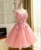 Cute A Line Pink Tulle Pearl Short Formal Prom Dresses, Homecoming Dresses