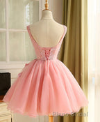 Cute A Line Pink Tulle Pearl Short Formal Prom Dresses, Homecoming Dresses
