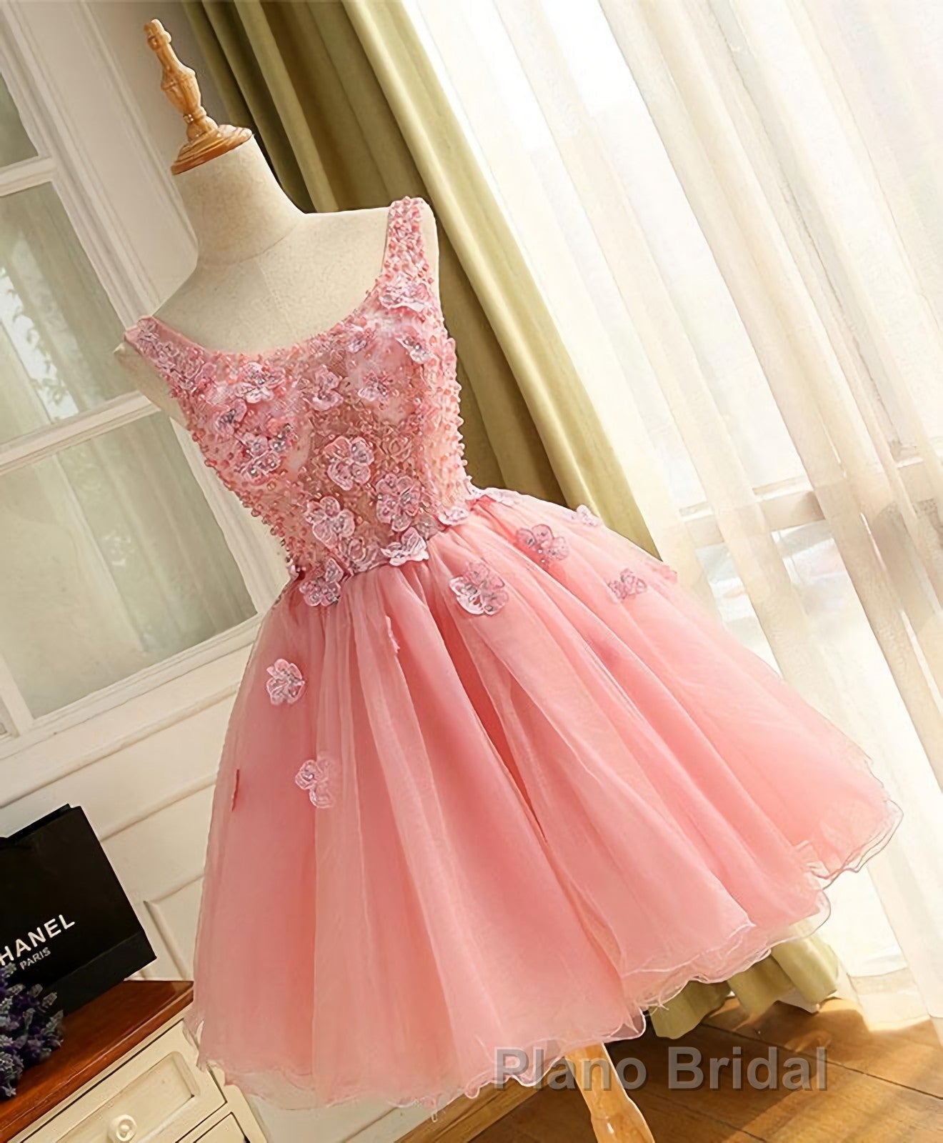 Cute A Line Pink Tulle Pearl Short Formal Prom Dresses, Homecoming Dresses Secondary image