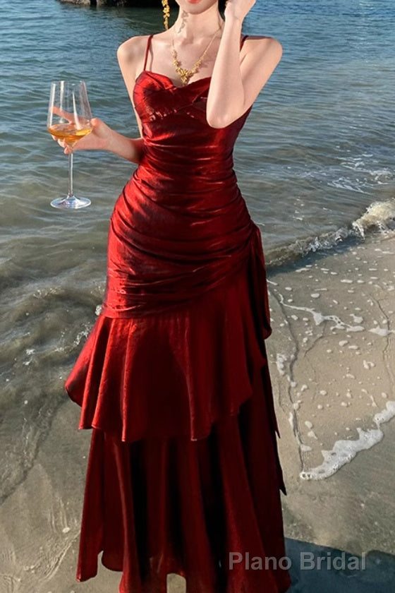 A-Line Burgundy Prom Dress features spaghetti straps Evening Dresses