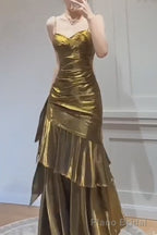 A-Line Gold Prom Dress features spaghetti straps Evening Dresses