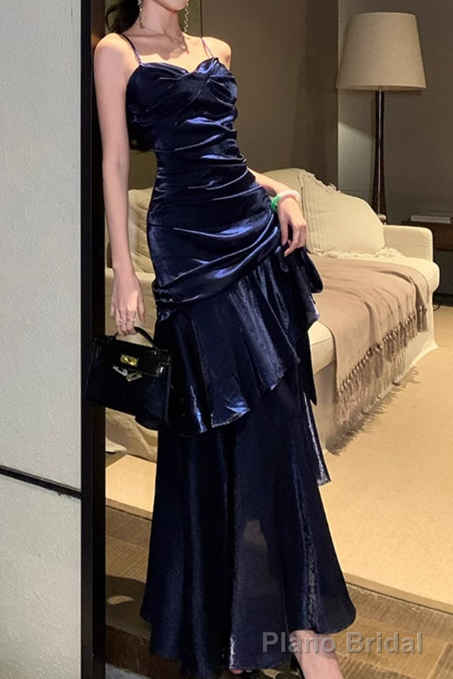 A-Line Dark Blue Prom Dress features spaghetti straps Evening Dresses