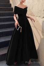 Simple V-neck Short-Sleeve Off Shoulder Long Prom Dress Black A-Line  Evening Dress