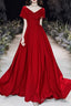 Simple V-neck Short-Sleeve Off Shoulder Long Prom Dress Red A-Line  Evening Dress