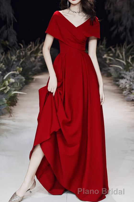Simple V-neck Short-Sleeve Off Shoulder Long Prom Dress Red A-Line  Evening Dress Secondary image