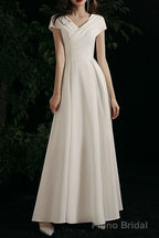 Simple V-neck Short-Sleeve Off Shoulder Long Prom Dress White A-Line  Evening Dress