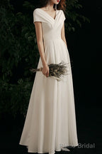 Simple V-neck Short-Sleeve Off Shoulder Long Prom Dress White A-Line  Evening Dress