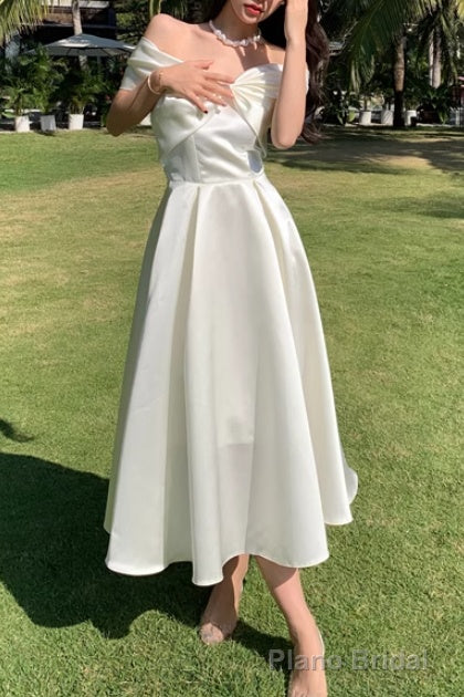 Summer Elegant Off-Shoulder Wedding White Dress Vintage A-Line Casual Midi Cocktail Dress