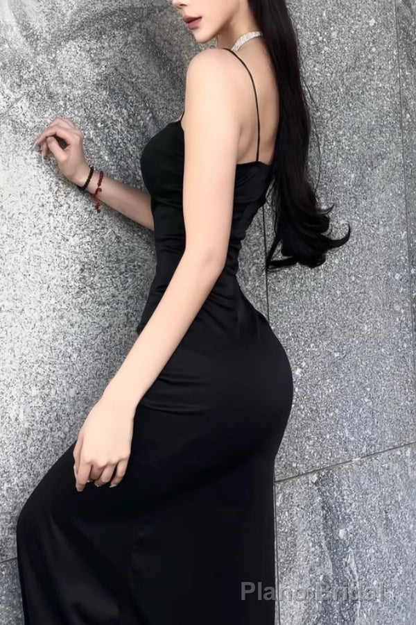 Black Split Hip Long Prom Dress Spaghetti Strap Maxi Dress