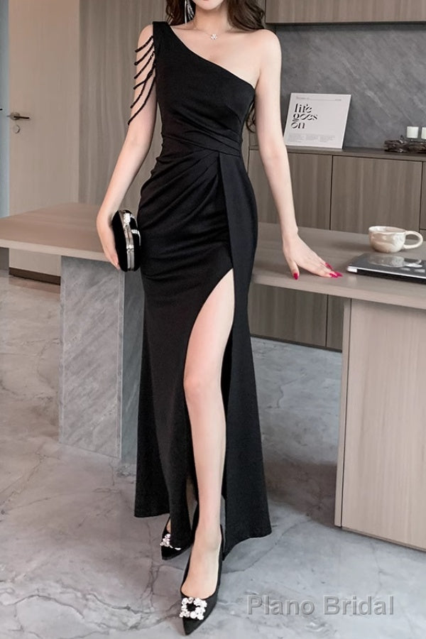 Elegant One-Shoulder Satin Long Prom Dress With Slit Bodycon Dresses