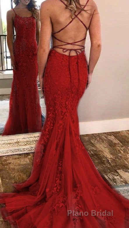 Chic Trumpet Spaghetti Straps With Lace Appliques Light Blue Formal Prom Dresses