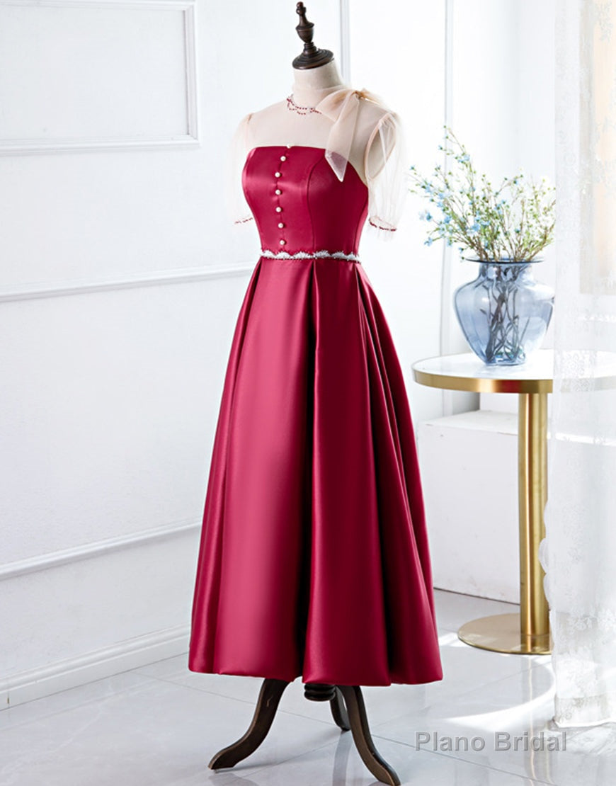 Red A-Line Round-Neck Evening Dress with Beading Secondary image