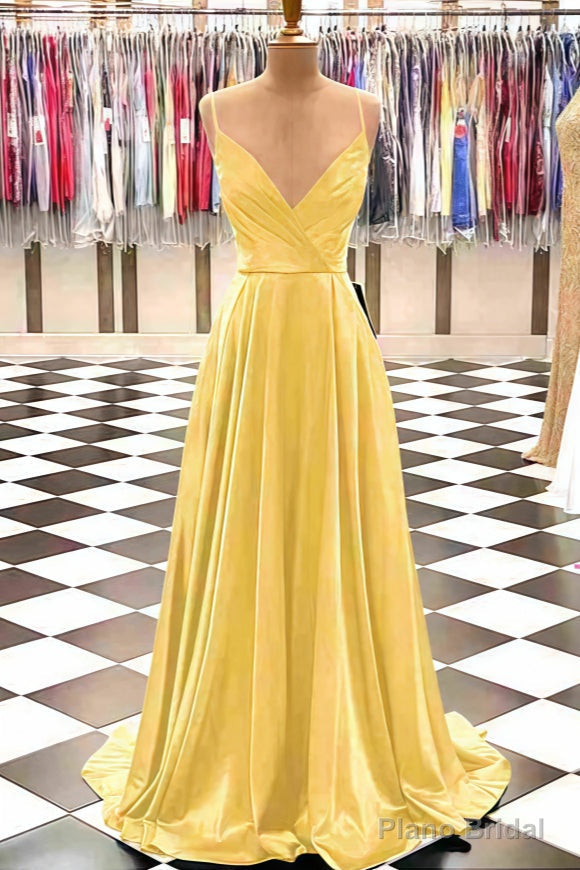 A-line V Neck Spaghetti Straps Sweep Train Charmeuse Prom Dresses With Pleated Secondary image