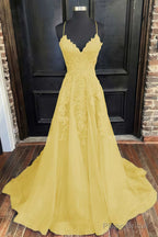 A-Line/Princess V-neck Sweep Train Tulle Evening Dresses With Appliques Lace