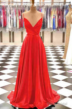 A-line V Neck Spaghetti Straps Sweep Train Charmeuse Prom Dresses With Pleated